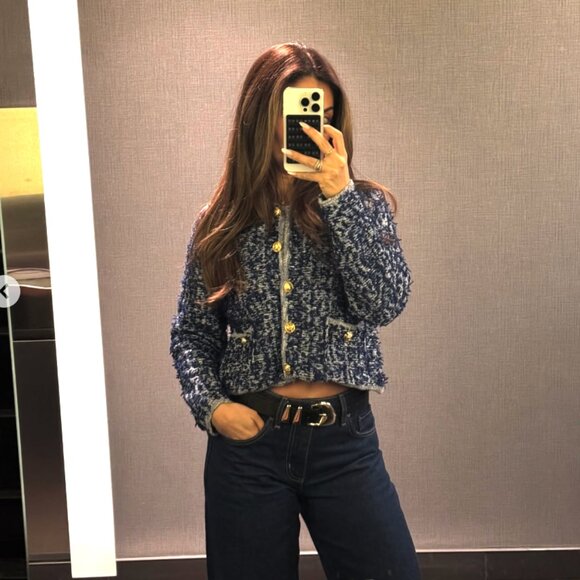 Zara Cable knit jacket Navy Tweed Blazer with Gold Buttons M L NWT - Picture 6 of 14